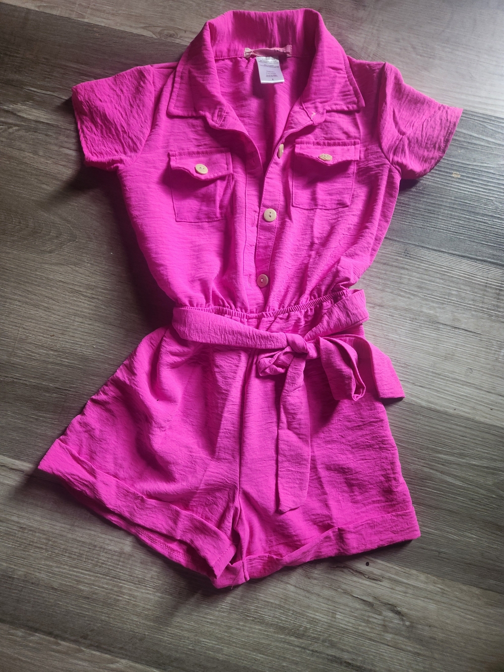 Girls' Hot Pink Short Sleeve Romper with Waist Tie